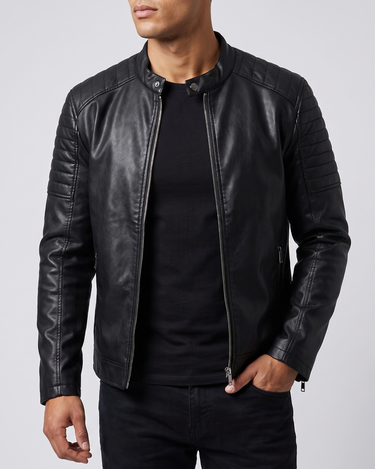 Beaulin Paris Blouson en Simili Cuir Homme Style Motard Noir - vue de face