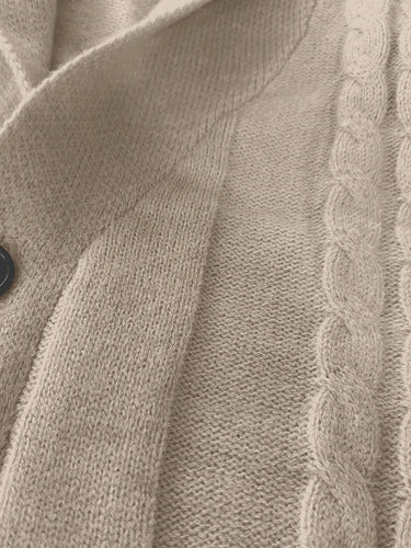 Beige shawl collar cardigan detail - Beaulin Paris