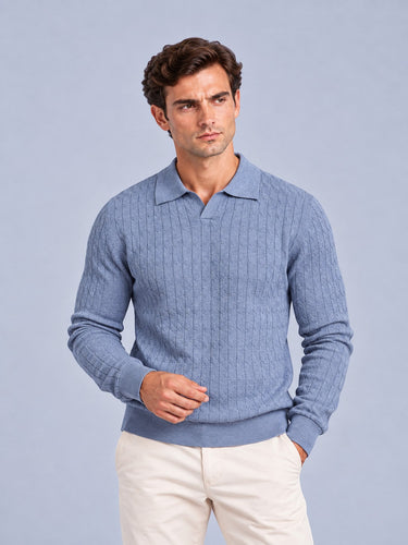 Light Blue cable knit polo - Beaulin Paris