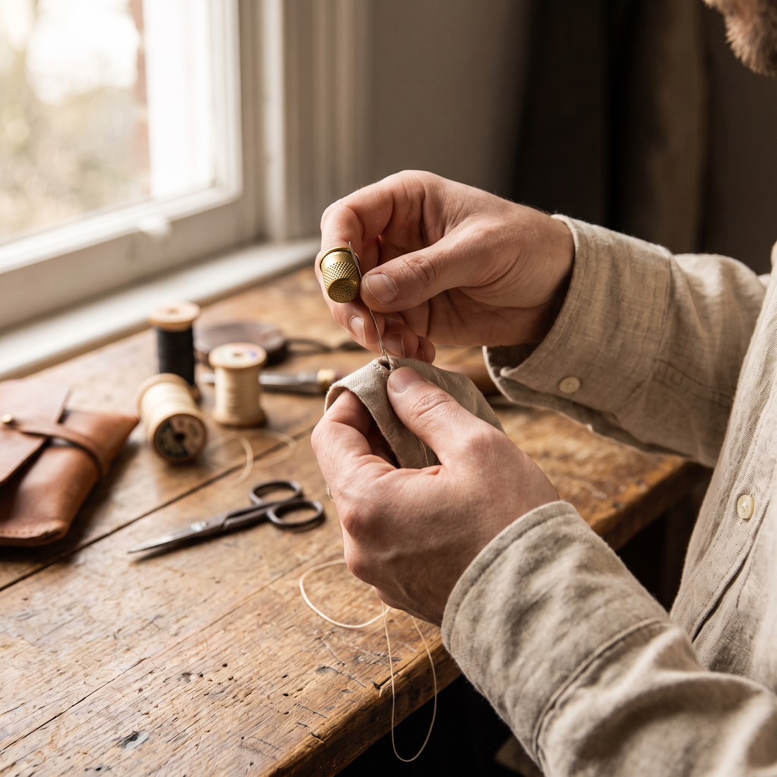 Hands hand-stitching a buttonhole on a linen cuff - Beaulin Paris