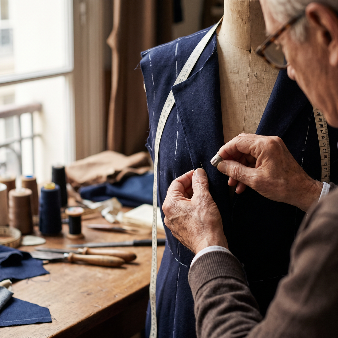 Tailor pinning a navy jacket on a dress form - Beaulin Paris