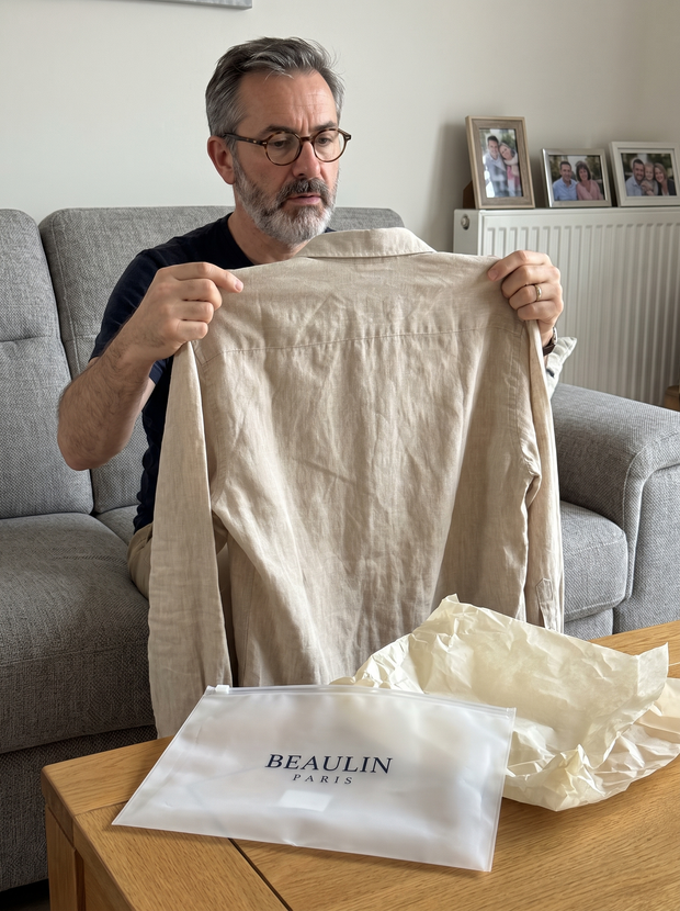 Linen shirt taken out of a Beaulin Paris pouch on a table - Beaulin Paris