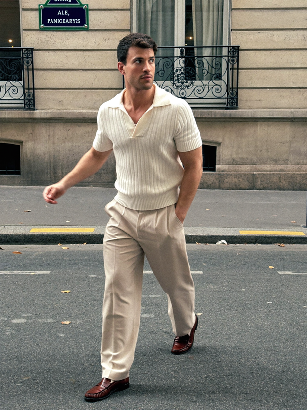 Man in cream knit polo walking a Paris street - Beaulin Paris